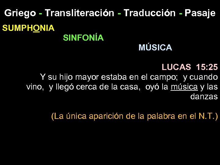 Griego - Transliteración - Traducción - Pasaje SUMPHONIA SINFONÍA MÚSICA LUCAS 15: 25 Y