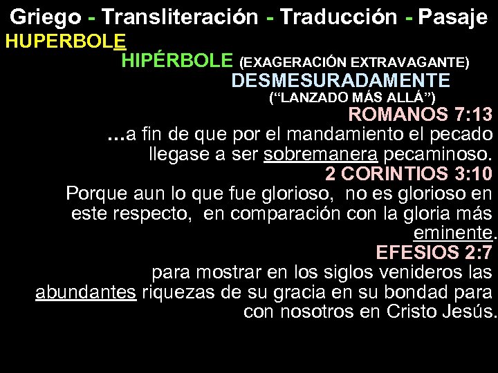 Griego - Transliteración - Traducción - Pasaje HUPERBOLE HIPÉRBOLE (EXAGERACIÓN EXTRAVAGANTE) DESMESURADAMENTE (“LANZADO MÁS