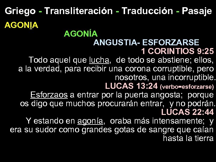 Griego - Transliteración - Traducción - Pasaje AGONIA AGONÍA ANGUSTIA- ESFORZARSE 1 CORINTIOS 9: