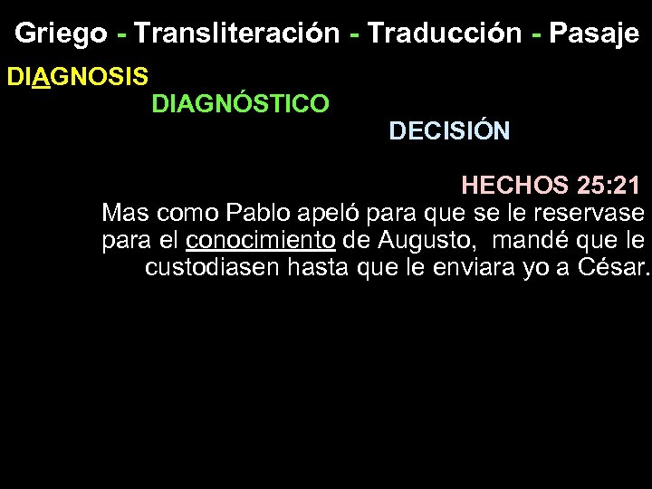 Griego - Transliteración - Traducción - Pasaje DIAGNOSIS DIAGNÓSTICO DECISIÓN HECHOS 25: 21 Mas