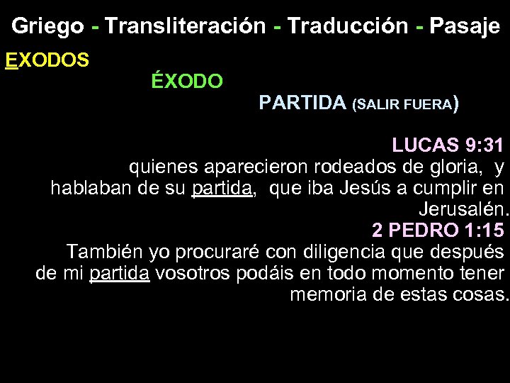 Griego - Transliteración - Traducción - Pasaje EXODOS ÉXODO PARTIDA (SALIR FUERA) LUCAS 9: