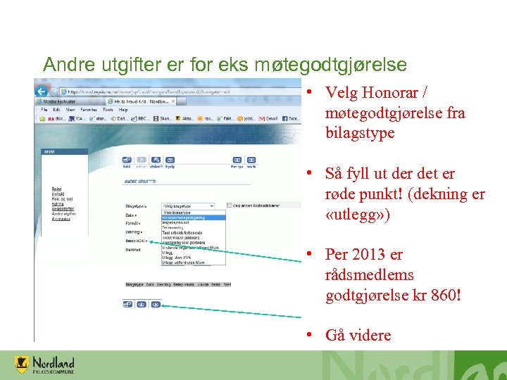 Andre utgifter er for eks møtegodtgjørelse • Velg Honorar / møtegodtgjørelse fra bilagstype •