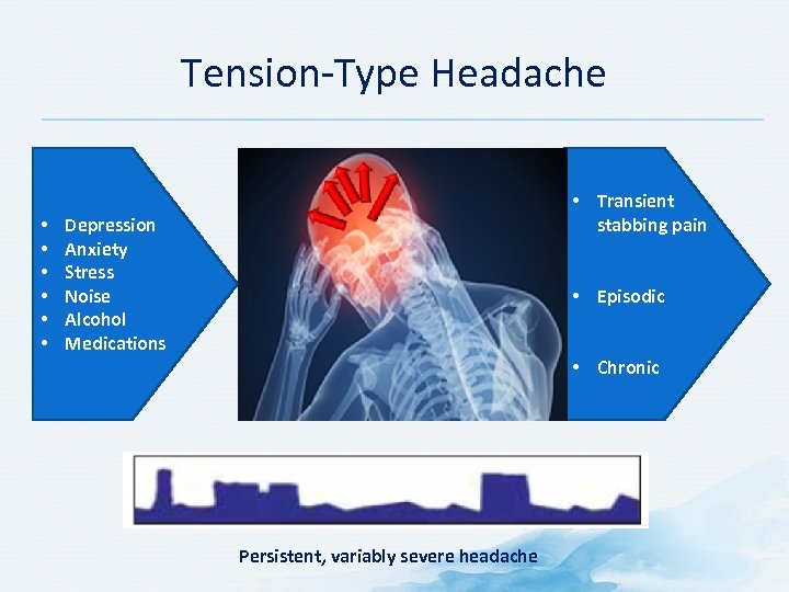 Tension-Type Headache • • Transient stabbing pain Depression Anxiety Stress Noise Alcohol Medications •