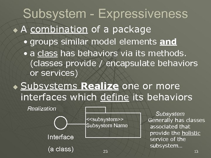 Subsystem - Expressiveness u A combination of a package • groups similar model elements