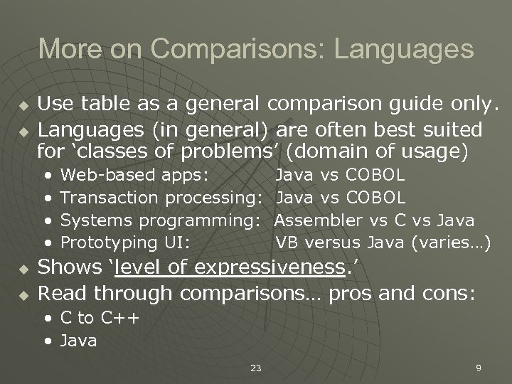 More on Comparisons: Languages u u Use table as a general comparison guide only.