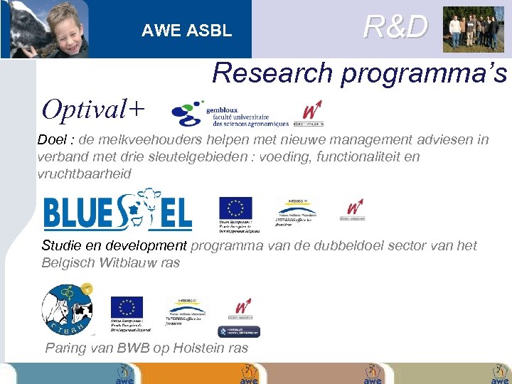 AWE ASBL R&D Research programma’s Optival+ Doel : de melkveehouders helpen met nieuwe management