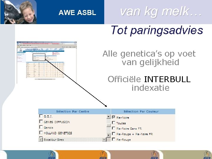 AWE ASBL van kg melk… Tot paringsadvies Alle genetica’s op voet van gelijkheid Officiële