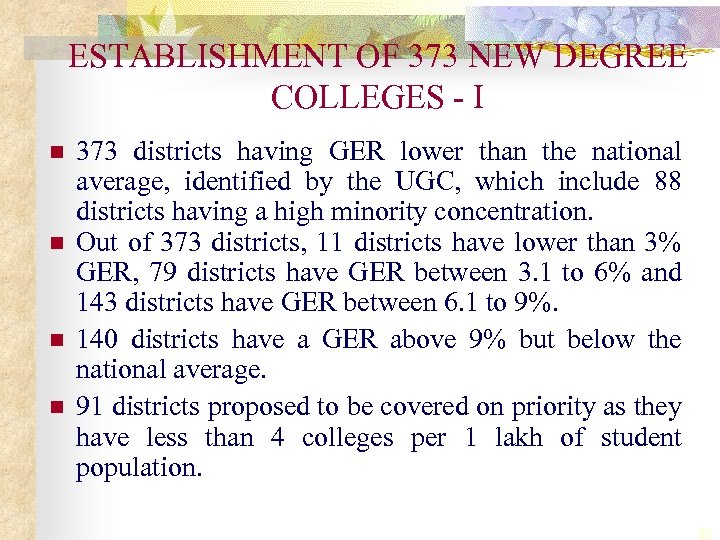 ESTABLISHMENT OF 373 NEW DEGREE COLLEGES - I n n 373 districts having GER