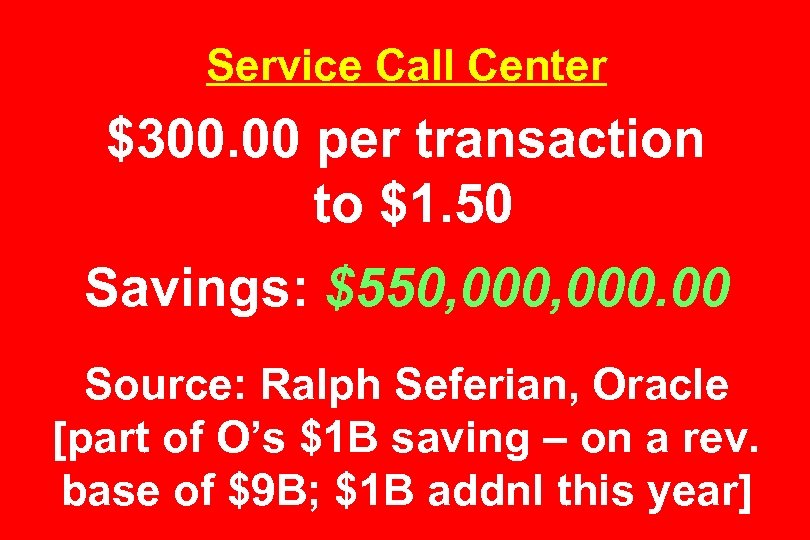 Service Call Center $300. 00 per transaction to $1. 50 Savings: $550, 000. 00