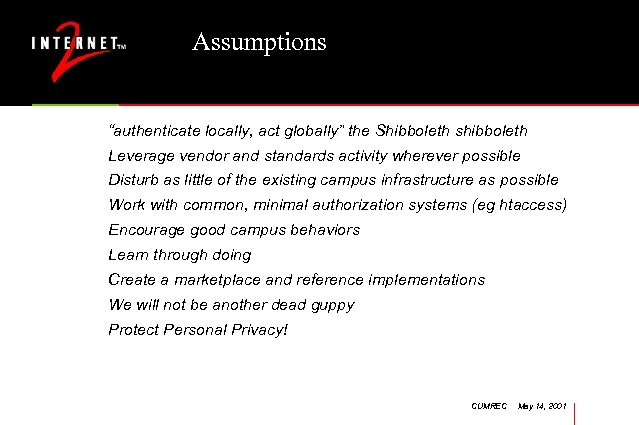 Assumptions “authenticate locally, act globally” the Shibboleth shibboleth Leverage vendor and standards activity wherever