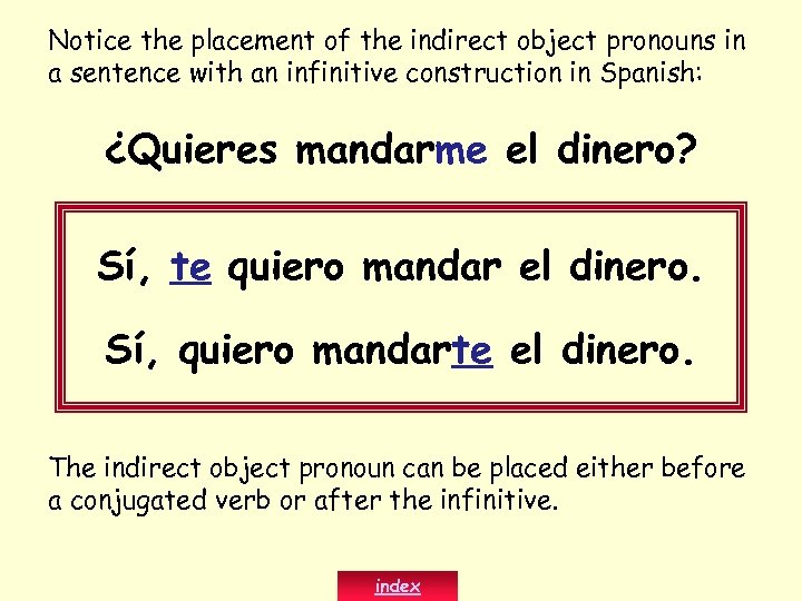 Notice the placement of the indirect object pronouns in a sentence with an infinitive