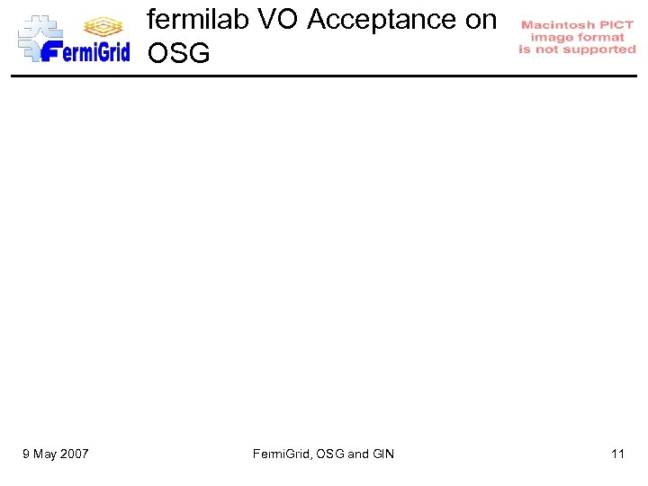 fermilab VO Acceptance on OSG 9 May 2007 Fermi. Grid, OSG and GIN 11