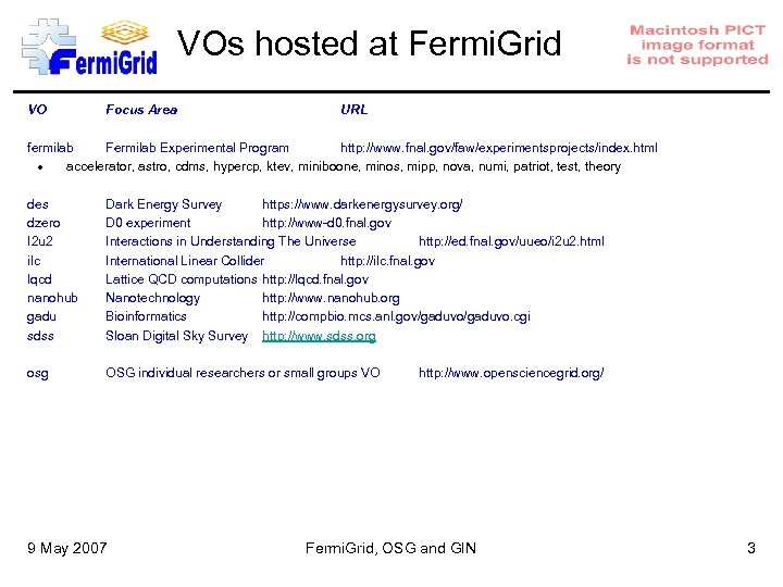 VOs hosted at Fermi. Grid VO Focus Area URL fermilab Fermilab Experimental Program http: