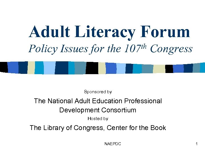 Adult Literacy Forum Policy Issues for the 107 th Congress Sponsored by The National