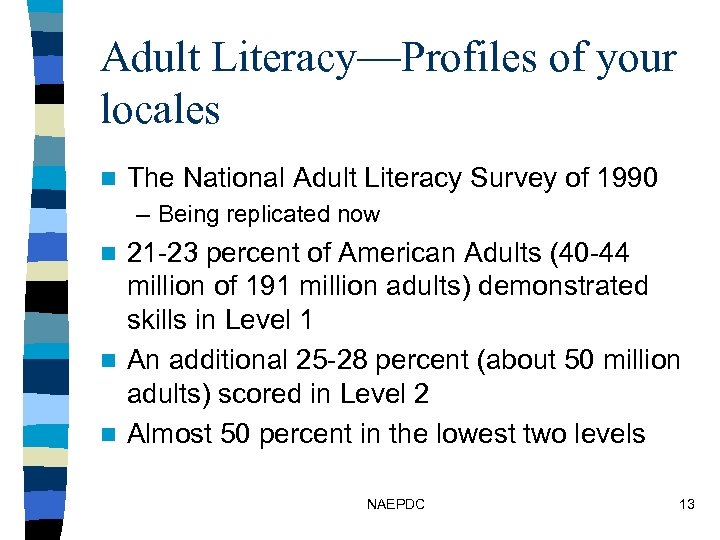 Adult Literacy—Profiles of your locales n The National Adult Literacy Survey of 1990 –
