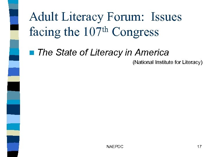 Adult Literacy Forum: Issues facing the 107 th Congress n The State of Literacy