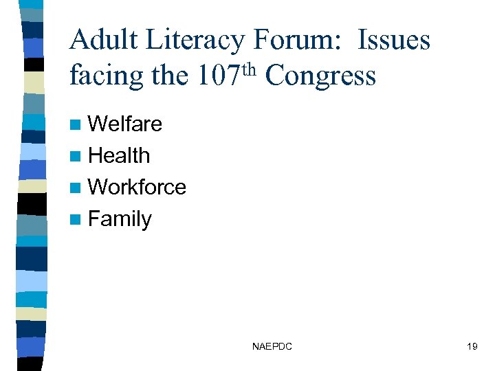 Adult Literacy Forum: Issues facing the 107 th Congress n Welfare n Health n