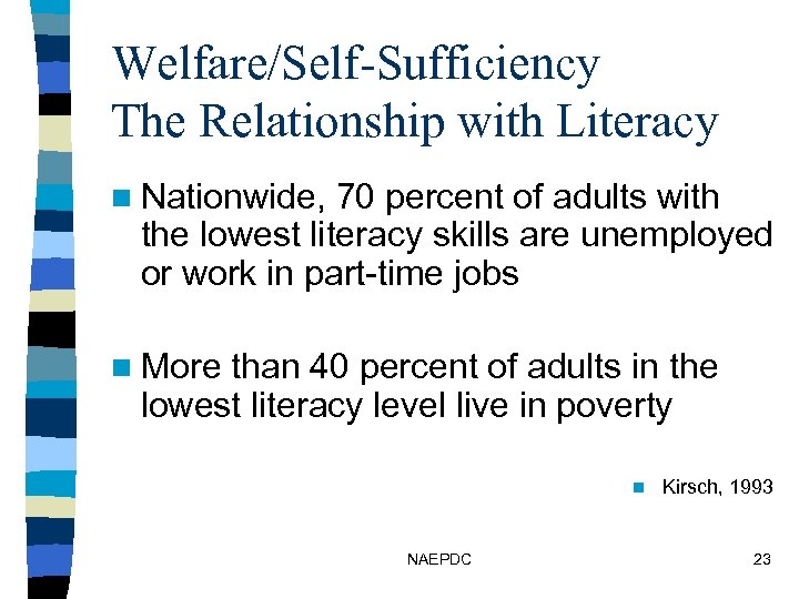 Welfare/Self-Sufficiency The Relationship with Literacy n Nationwide, 70 percent of adults with the lowest