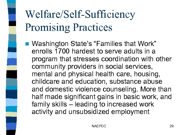 Welfare/Self-Sufficiency Promising Practices n Washington State’s “Families that Work” enrolls 1700 hardest to serve