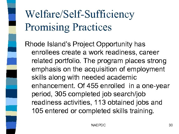 Welfare/Self-Sufficiency Promising Practices Rhode Island’s Project Opportunity has enrollees create a work readiness, career