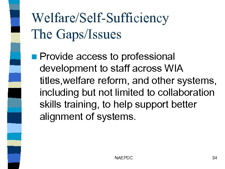 Welfare/Self-Sufficiency The Gaps/Issues n Provide access to professional development to staff across WIA titles,