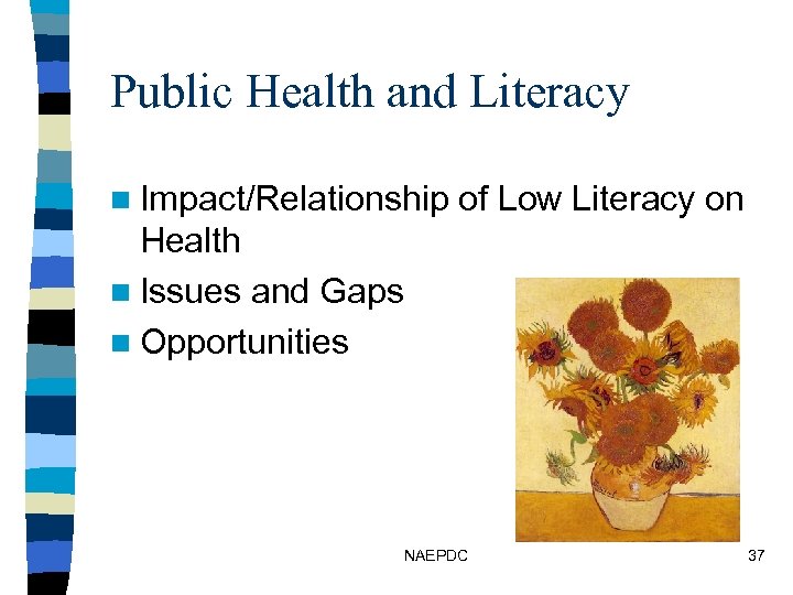 Public Health and Literacy n Impact/Relationship of Low Literacy on Health n Issues and