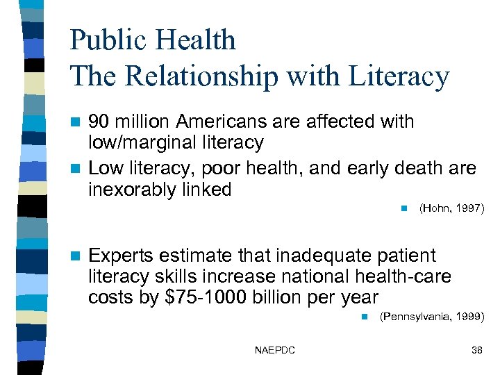 Public Health The Relationship with Literacy 90 million Americans are affected with low/marginal literacy