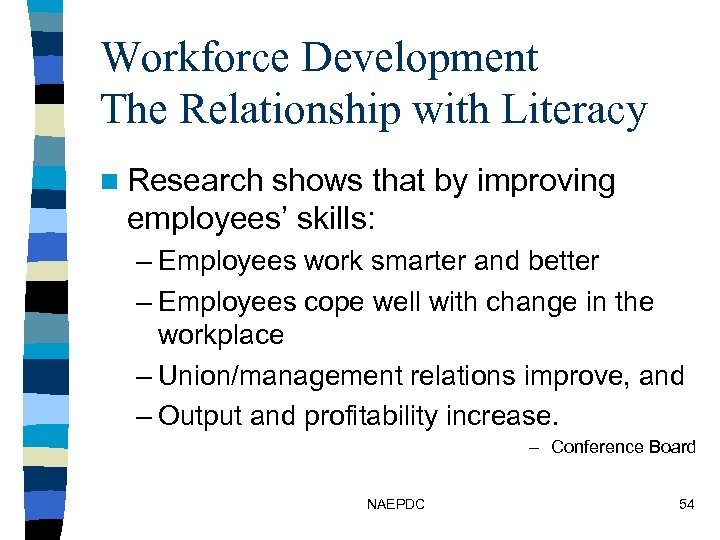 Workforce Development The Relationship with Literacy n Research shows that by improving employees’ skills: