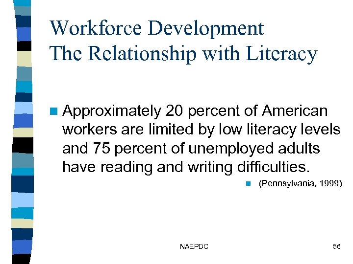 Workforce Development The Relationship with Literacy n Approximately 20 percent of American workers are
