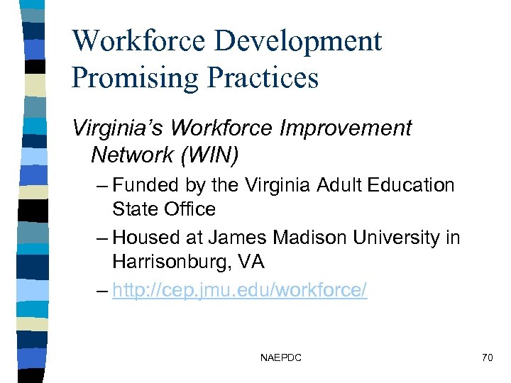 Workforce Development Promising Practices Virginia’s Workforce Improvement Network (WIN) – Funded by the Virginia