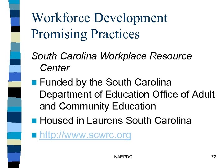 Workforce Development Promising Practices South Carolina Workplace Resource Center n Funded by the South