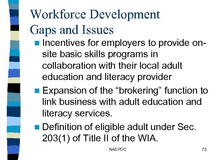 Workforce Development Gaps and Issues n Incentives for employers to provide onsite basic skills