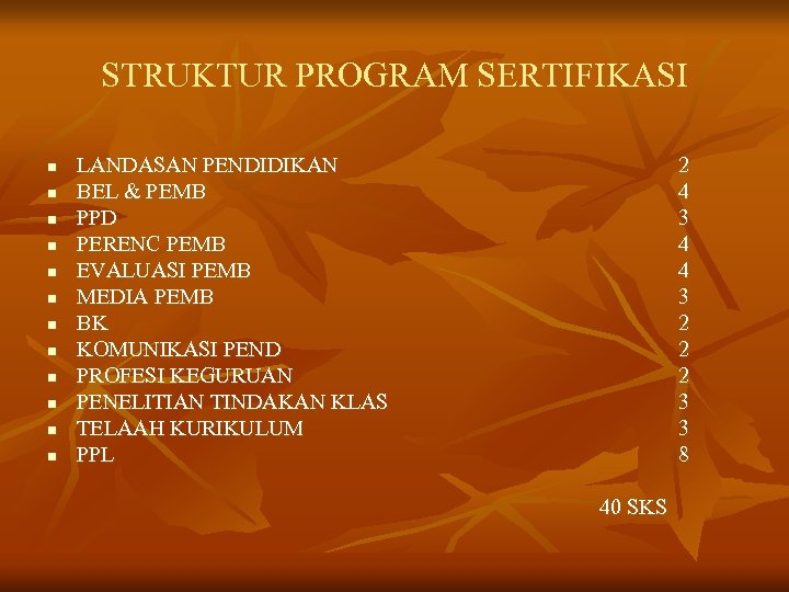 STRUKTUR PROGRAM SERTIFIKASI n n n LANDASAN PENDIDIKAN BEL & PEMB PPD PERENC PEMB