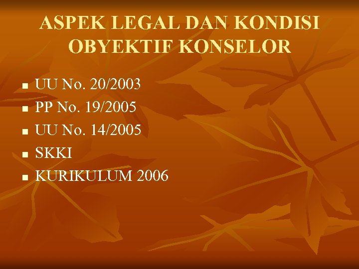 ASPEK LEGAL DAN KONDISI OBYEKTIF KONSELOR n n n UU No. 20/2003 PP No.