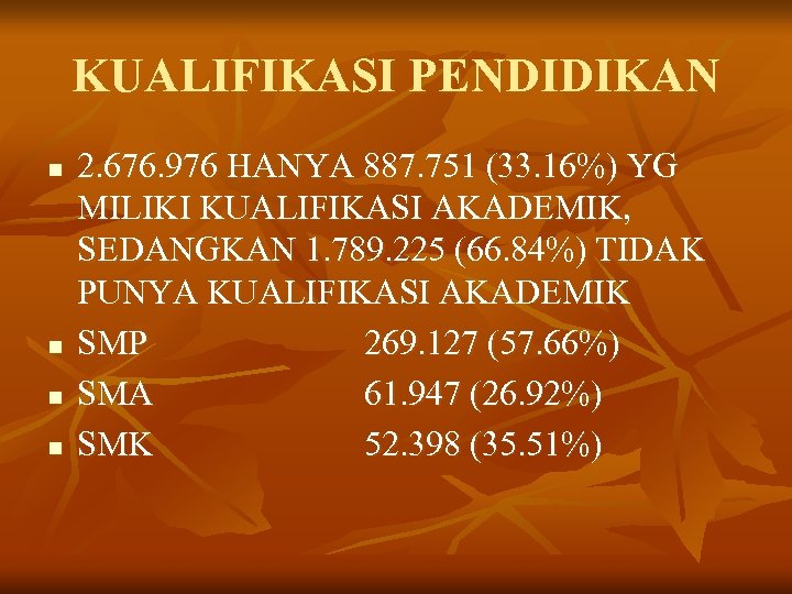 KUALIFIKASI PENDIDIKAN n n 2. 676. 976 HANYA 887. 751 (33. 16%) YG MILIKI