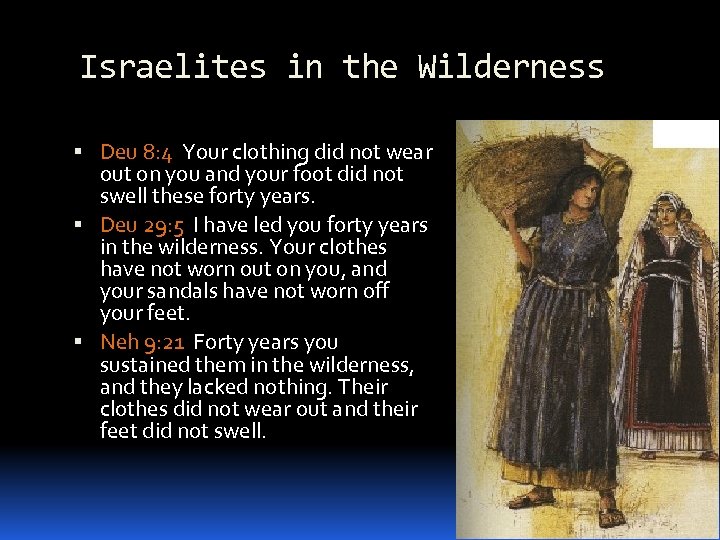 Israelites in the Wilderness Deu 8: 4 Your clothing did not wear out on