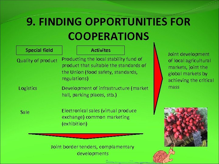 9. FINDING OPPORTUNITIES FOR COOPERATIONS Special field Activites Quality of product Producting the local