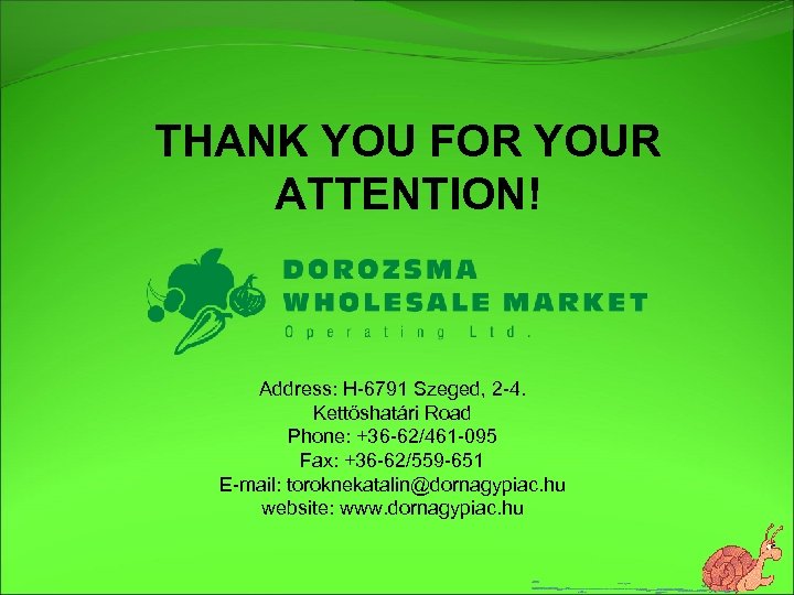 THANK YOU FOR YOUR ATTENTION! Address: H-6791 Szeged, 2 -4. Kettőshatári Road Phone: +36