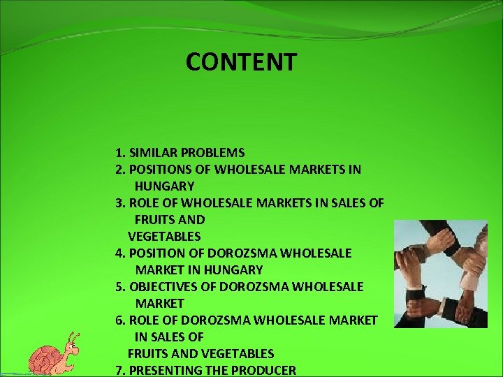 CONTENT 1. SIMILAR PROBLEMS 2. POSITIONS OF WHOLESALE MARKETS IN HUNGARY 3. ROLE OF