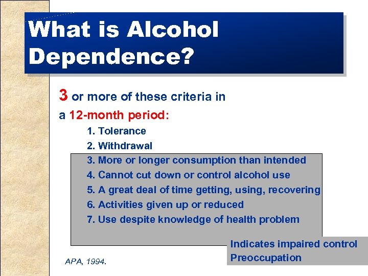 What is Alcohol Dependence? 3 or more of these criteria in a 12 -month