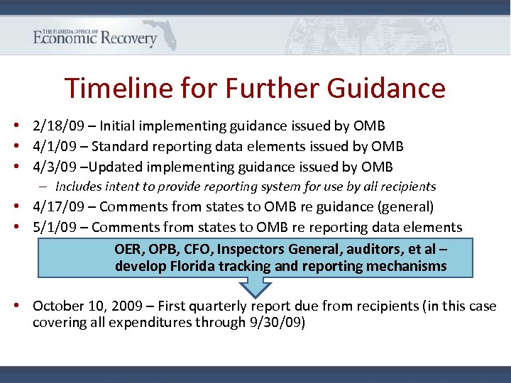 Timeline for Further Guidance • 2/18/09 – Initial implementing guidance issued by OMB •