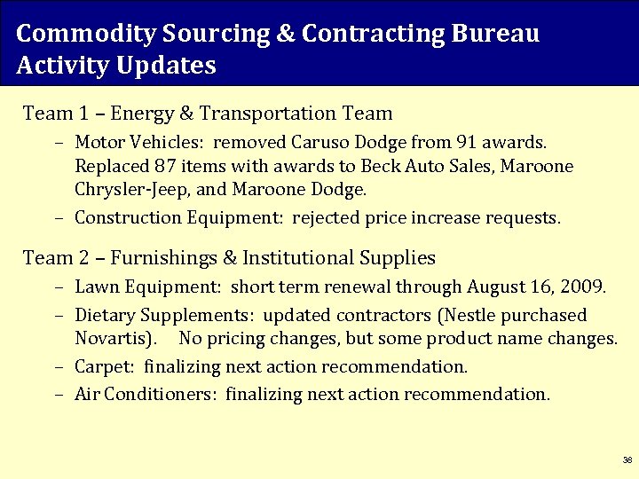 Commodity Sourcing & Contracting Bureau Activity Updates Team 1 – Energy & Transportation Team