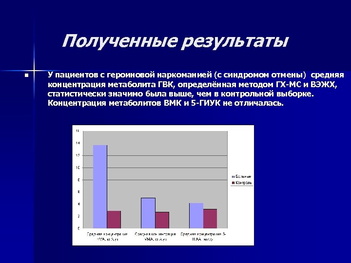 Полученные результаты n У пациентов с героиновой наркоманией (с синдромом отмены) средняя концентрация метаболита