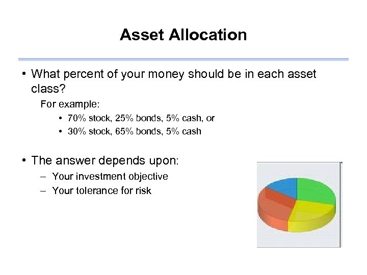 Asset Allocation • What percent of your money should be in each asset class?