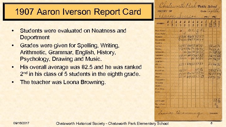 1907 Aaron Iverson Report Card • • Students were evaluated on Neatness and Deportment