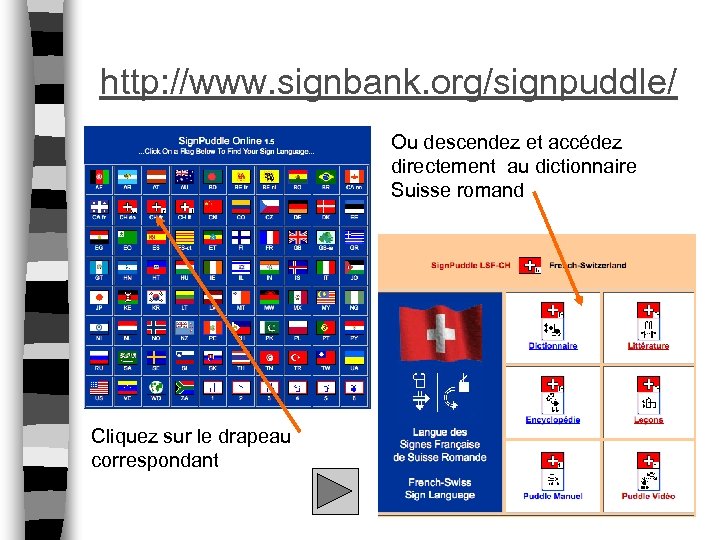 http: //www. signbank. org/signpuddle/ Ou descendez et accédez directement au dictionnaire Suisse romand Cliquez