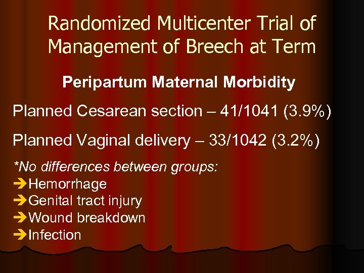 Randomized Multicenter Trial of Management of Breech at Term Peripartum Maternal Morbidity Planned Cesarean