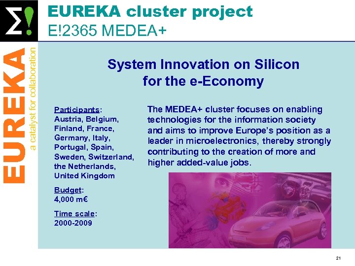 EUREKA a catalyst for collaboration EUREKA cluster project E!2365 MEDEA+ System Innovation on Silicon