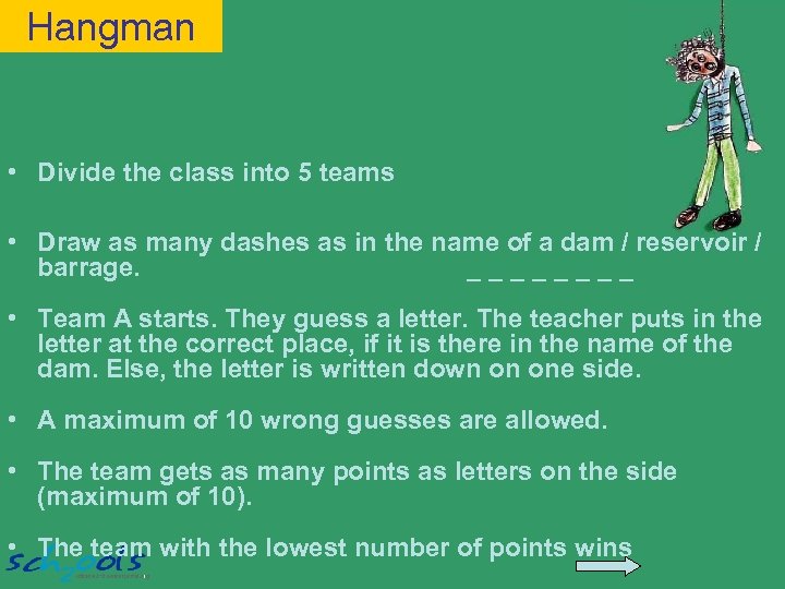 Hangman • Divide the class into 5 teams • Draw as many dashes as