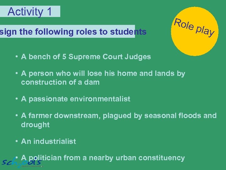 Activity 1 sign the following roles to students Role play • A bench of